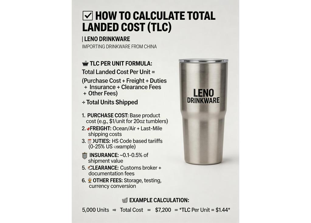 How to calculate the total landed cost per unit when importing drinkware from China?