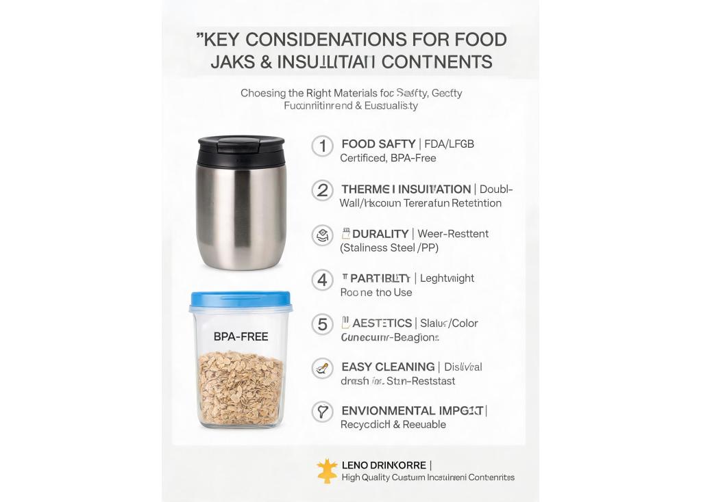 What are the key considerations when selecting materials for food jars and insulated containers?