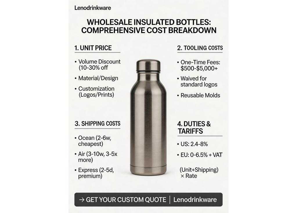What is the comprehensive cost breakdown for wholesale insulated bottles (including unit price, tooling, shipping, duties)?