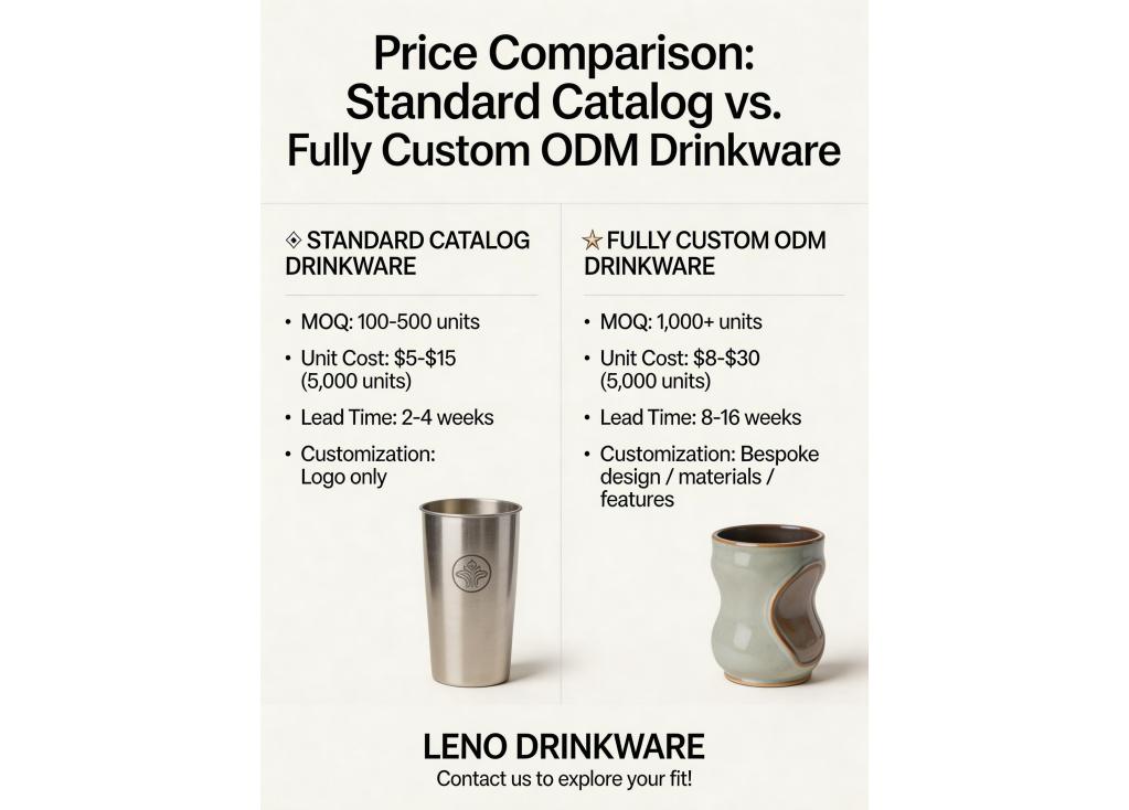 How do prices compare between standard catalog items and fully custom ODM drinkware projects?
