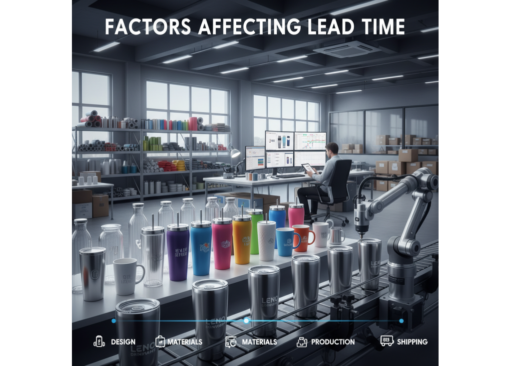 What factors affect the lead time for custom logo drinkware production?