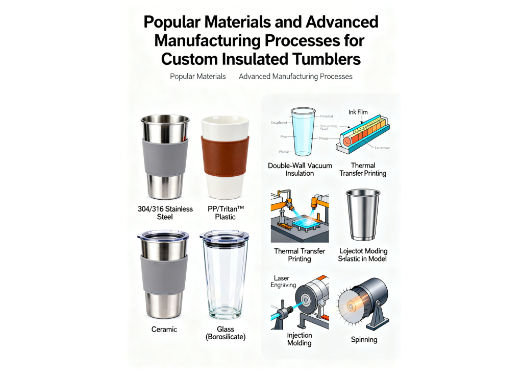 What are the popular materials and advanced manufacturing processes for custom insulated tumblers?