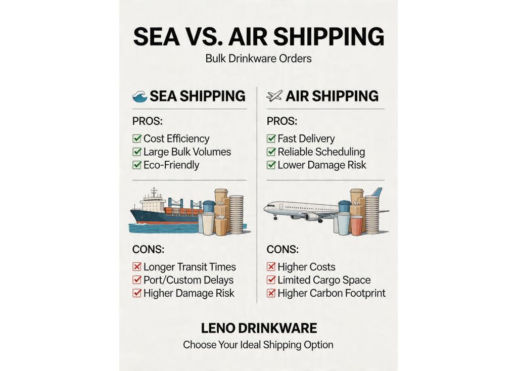 What are the pros and cons of different shipping methods (sea vs. air) for bulk drinkware orders?