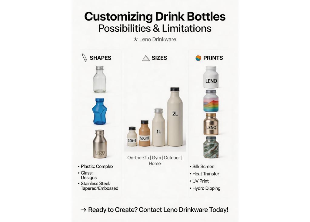 What are the possibilities and limitations for customizing shapes, sizes, and prints on drink bottles?