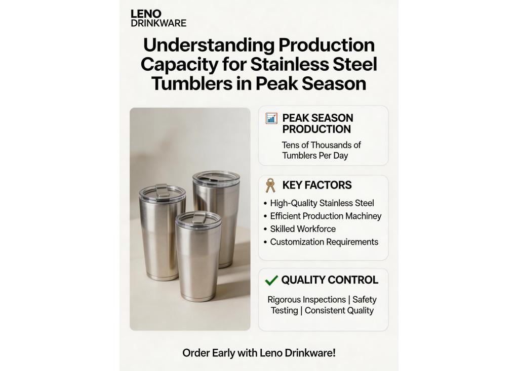 What is the typical production capacity for popular items like stainless steel tumblers in peak season?