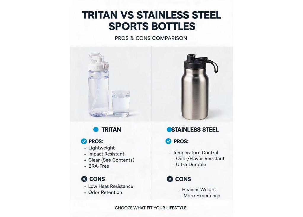 What are the pros and cons of using Tritan material versus stainless steel for sports water bottles?