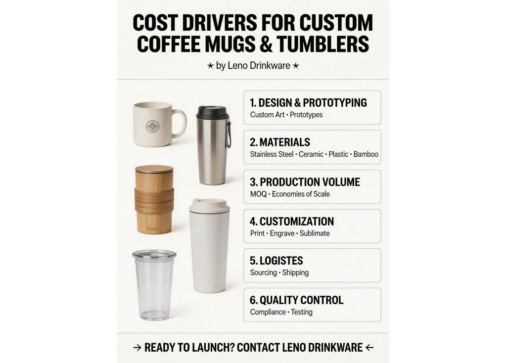 What are the cost drivers when developing a new line of custom coffee mugs or travel tumblers?