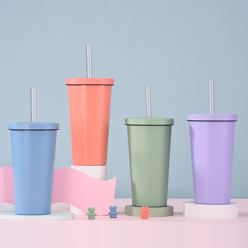 New 500ml Vacuum Double-Layer Stainless Steel Straw Tumbler with Ceramic Coating Inner Liner Pearl Milk Tea Cup for Summer