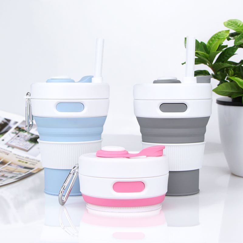 Customized Portable Travel Camping Folding Drinking Coffee Cup Reusable Silicone Straw Foldable Cup