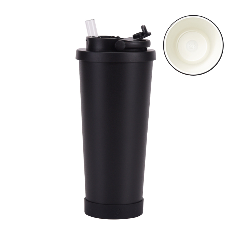 Minimalist Double-Layer Vacuum Stainless Steel Straw Cup Ceramic Liner Handle Absorb Bounce Thermos Cup for Hot Cold Drinks