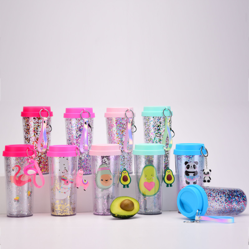 Coocodrink New 450ml Double-Wall BPA-Free Drinking Cup Outdoor Portable Bottle Cute Cartoon Design Water Tumbler with Keychain for Children