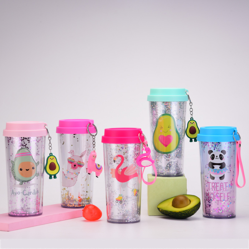 Coocodrink New 450ml Double-Wall BPA-Free Drinking Cup Outdoor Portable Bottle Cute Cartoon Design Water Tumbler with Keychain for Children
