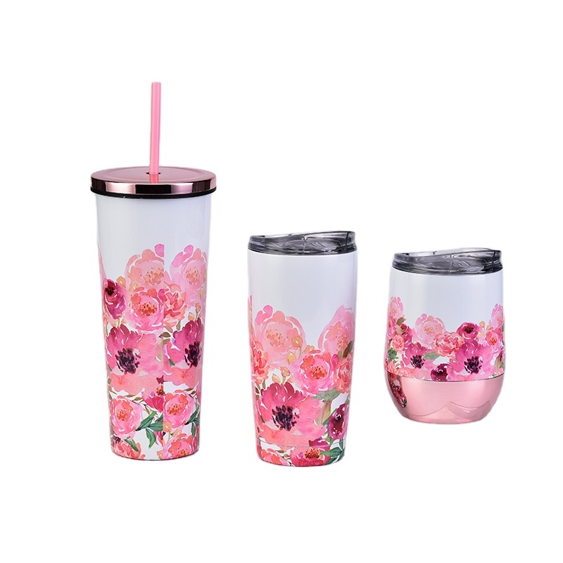 Mother's Day Cup Set 700ML Tumbler Vacuum Stainless Steel Straw Flower Tumblers  Customized Big Capacity Cup