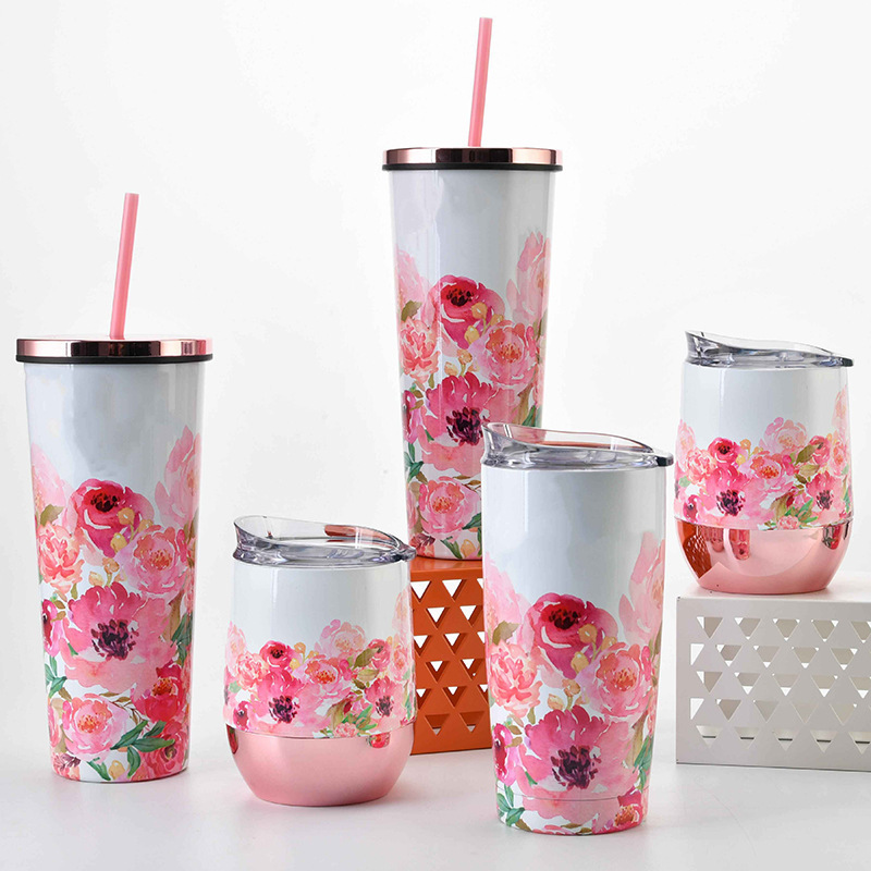 Mother's Day Cup Set 700ML Tumbler Vacuum Stainless Steel Straw Flower Tumblers  Customized Big Capacity Cup