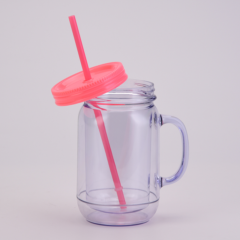 Coocodrink Wholesale Double-Layer Plastic Transparent Mason Bottle for Home & Office Daily Casual Cup with Straw Rooster Cup with Handle
