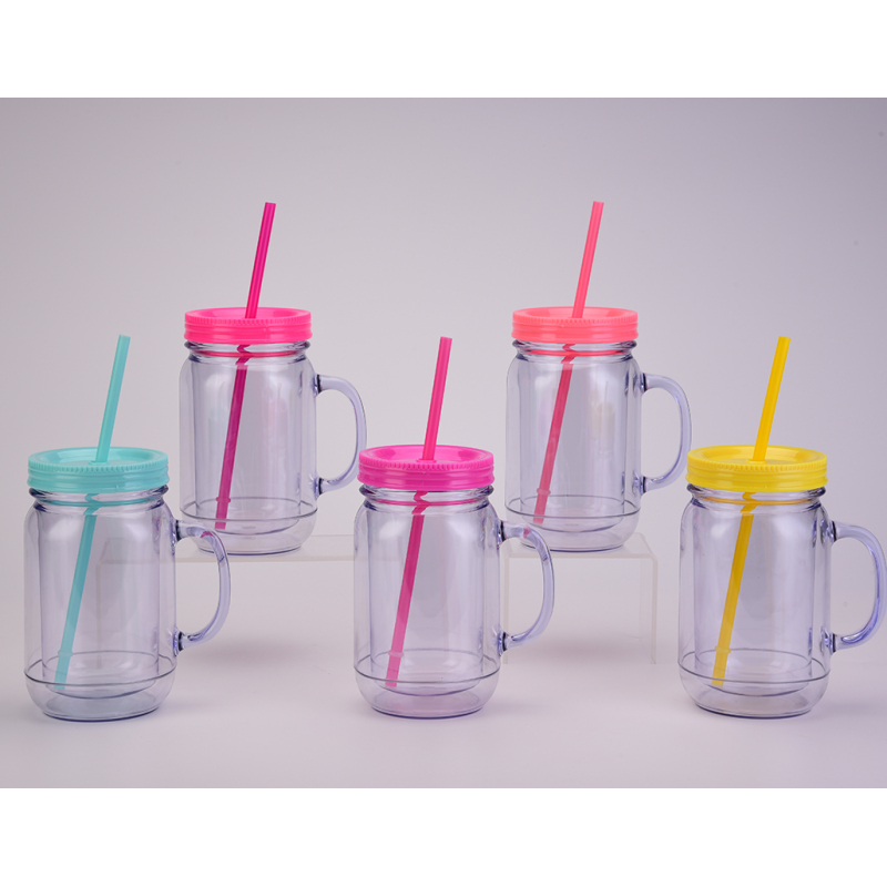 Coocodrink Wholesale Double-Layer Plastic Transparent Mason Bottle for Home & Office Daily Casual Cup with Straw Rooster Cup with Handle