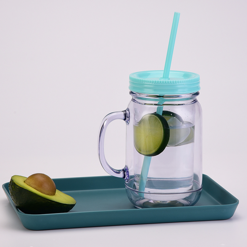 Coocodrink Wholesale Double-Layer Plastic Transparent Mason Bottle for Home & Office Daily Casual Cup with Straw Rooster Cup with Handle