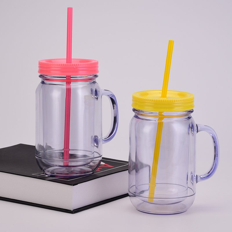 Coocodrink Wholesale Double-Layer Plastic Transparent Mason Bottle for Home & Office Daily Casual Cup with Straw Rooster Cup with Handle