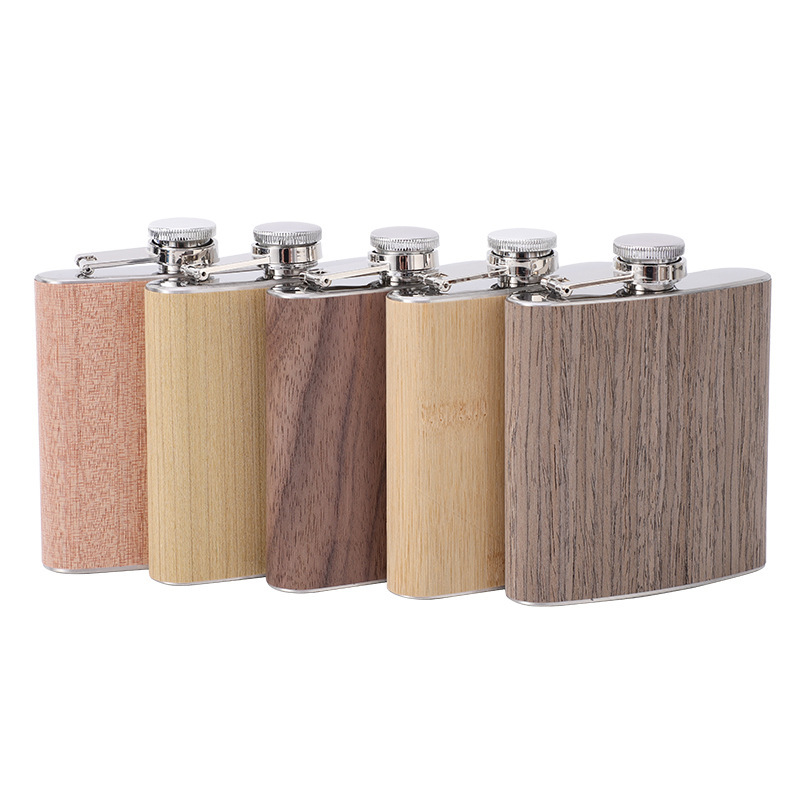 Coocodrink Custom logo Promotion Gift Travel Portable Wooden 6oz Stainless Steel Hip Flask Wholesale Metal Wood Grain Whisky Flask