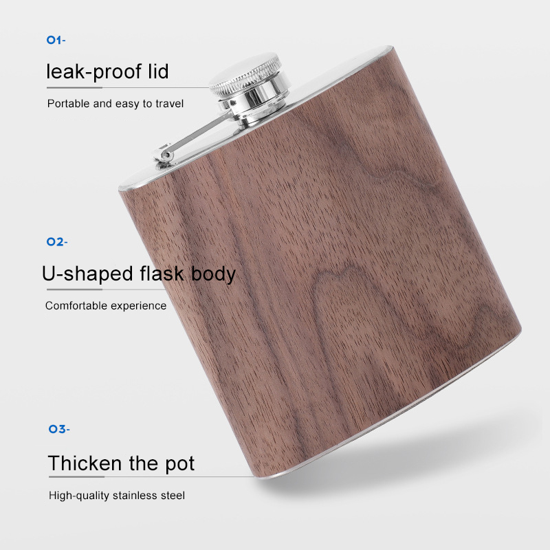 Coocodrink Custom logo Promotion Gift Travel Portable Wooden 6oz Stainless Steel Hip Flask Wholesale Metal Wood Grain Whisky Flask