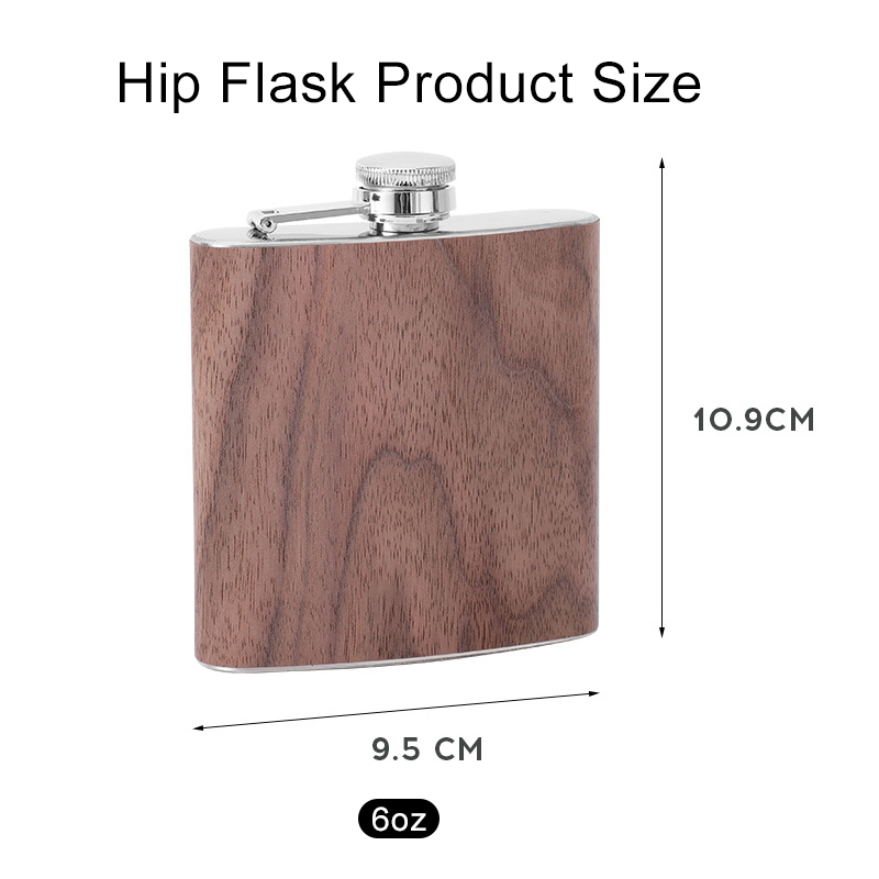 Coocodrink Custom logo Promotion Gift Travel Portable Wooden 6oz Stainless Steel Hip Flask Wholesale Metal Wood Grain Whisky Flask
