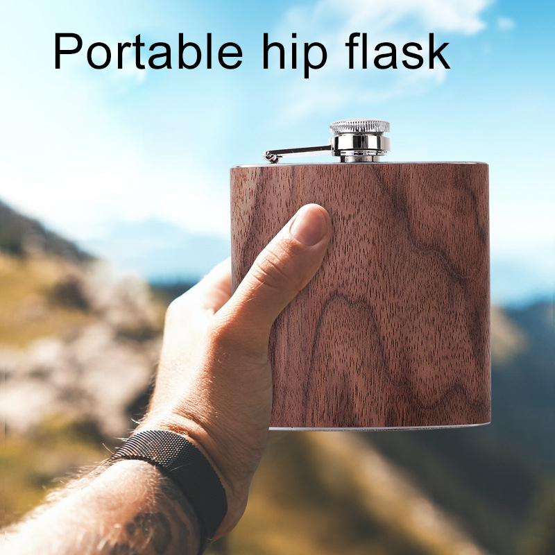 Coocodrink Custom logo Promotion Gift Travel Portable Wooden 6oz Stainless Steel Hip Flask Wholesale Metal Wood Grain Whisky Flask