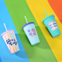 Custom Simple Pattern Frosted Straw Cup Cute 16Oz Candy Color Plastic Tumbler Double Wall Plastic Coffee Cup for Party