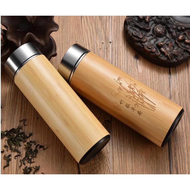 Coocodrink 500ml Double Wall Stainless Steel Vacuum Insulated Eco-Friendly Office Cup with Bamboo Outer