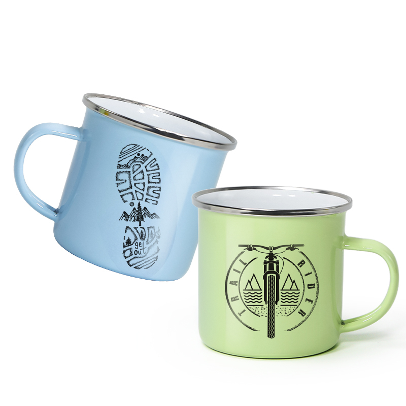 Coocodrink Custom Logo Business Christmas Gifts Sublimation Outdoor 12oz 350ml Camping Enamel Coffee Mug with Stainless Silver Rim