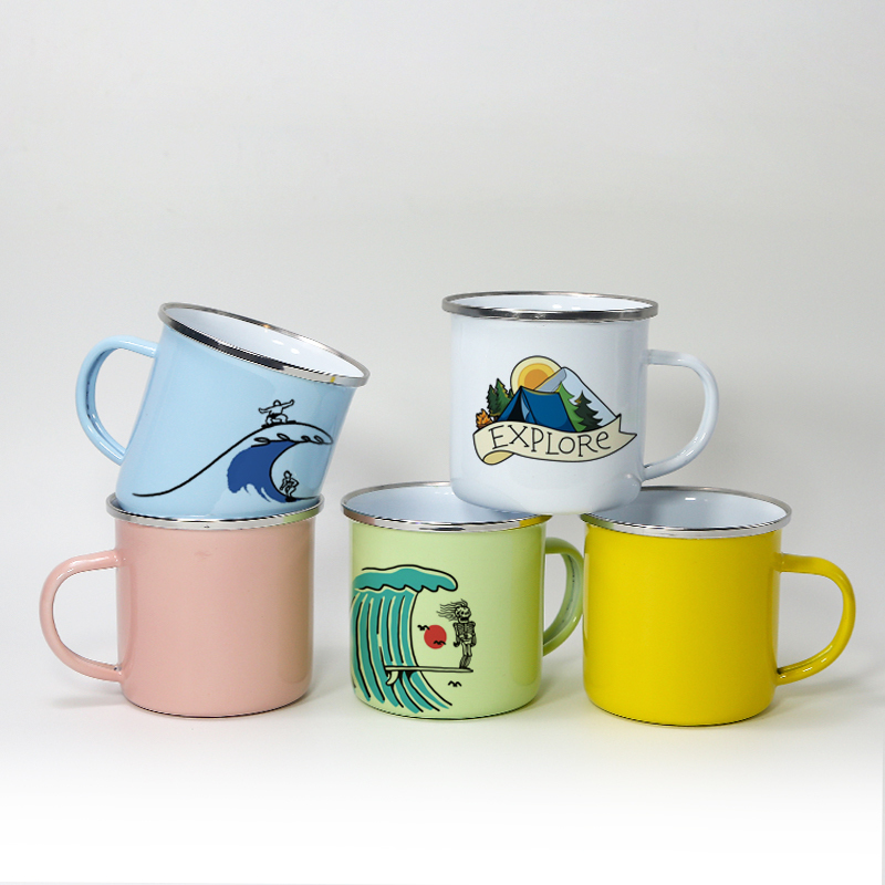 Coocodrink Custom Logo Business Christmas Gifts Sublimation Outdoor 12oz 350ml Camping Enamel Coffee Mug with Stainless Silver Rim