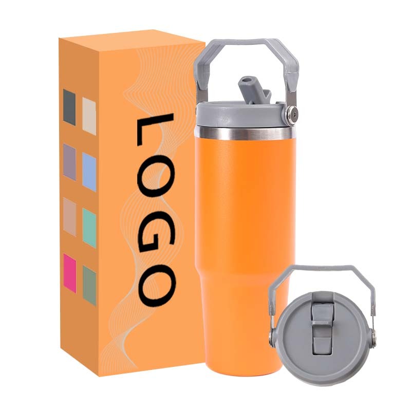 Reusable Stainless Steel Roller Cup With Leak-Proof Flap With Straw and  Lifting Handle
