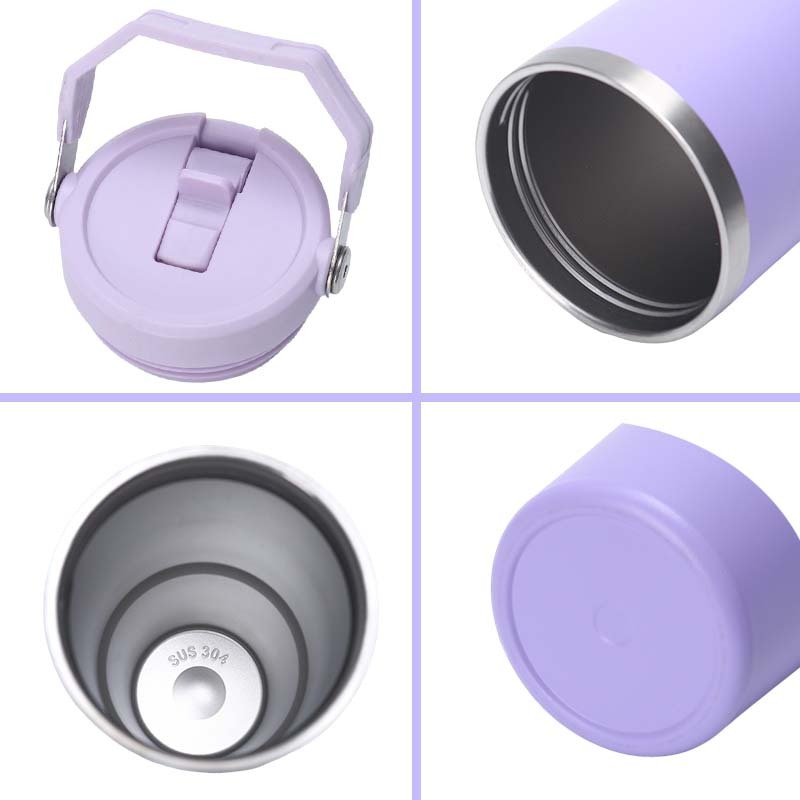 Reusable Stainless Steel Roller Cup With Leak-Proof Flap With Straw and Lifting Handle