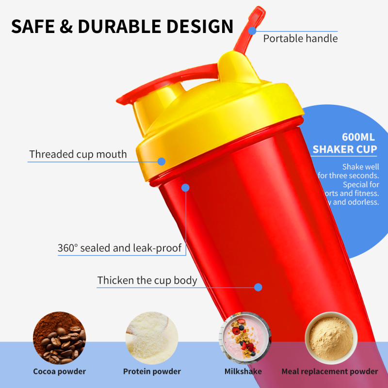 Custom logo 600ml Shaker Water Bottle, Shaker Bottle for Fitness Gym, Protein Bottle, Sports PP Plastic, BPA Free, Sample Free