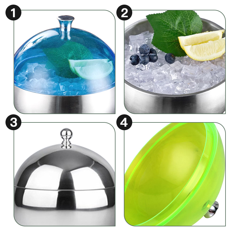Coocodrink Custom logo 2L Stainless Steel Keep Cold Spherical Ice Bucket with Cover Fruit Tray Double Ice Bucket Hotel KTV Ice Bowl