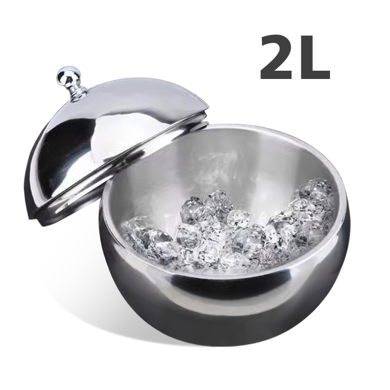 Coocodrink Custom logo 2L Stainless Steel Keep Cold Spherical Ice Bucket with Cover Fruit Tray Double Ice Bucket Hotel KTV Ice Bowl