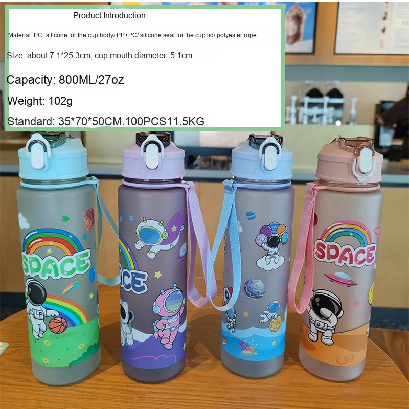 Coocodrink Cartoon Summer Astronaut Coated Water Bottle for Children Portable Strap with Bouncing Lid Straw Direct Drinking PC Plastic Cup