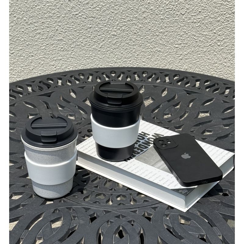 Coocodrink Portable Mini 350ml Double-Layer Wheat Straw Coffee Cup Eco-Friendly On-The-Go Car Cup with Waist Pouch
