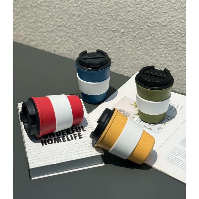 Coocodrink Portable Mini 350ml Double-Layer Wheat Straw Coffee Cup Eco-Friendly On-The-Go Car Cup with Waist Pouch
