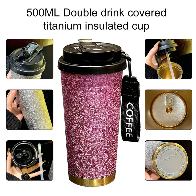 Coocodrink Titanium Thermos Bottle 500ml, Pure Vacuum Insulated Coffee Cup with Carabiner Strap, Leak-Proof Camping Mug