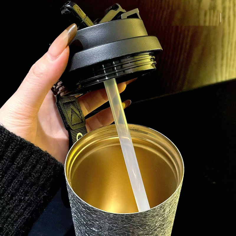 Coocodrink Titanium Thermos Bottle 500ml, Pure Vacuum Insulated Coffee Cup with Carabiner Strap, Leak-Proof Camping Mug