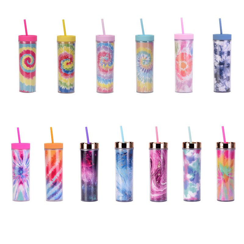 Coocodrink New Trendy Tie-Dye 24oz Double-Walled Plastic Straw Tumbler Customizable Logo with Creative DIY Paper Card Design