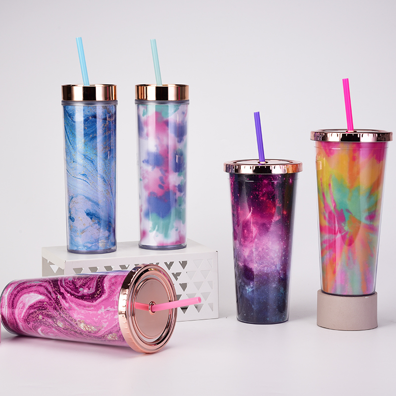 Coocodrink New Trendy Tie-Dye 24oz Double-Walled Plastic Straw Tumbler Customizable Logo with Creative DIY Paper Card Design