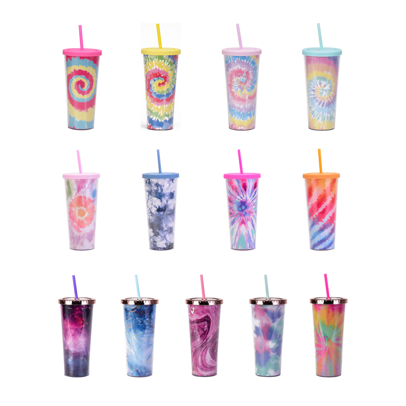 Coocodrink New Trendy Tie-Dye 24oz Double-Walled Plastic Straw Tumbler Customizable Logo with Creative DIY Paper Card Design