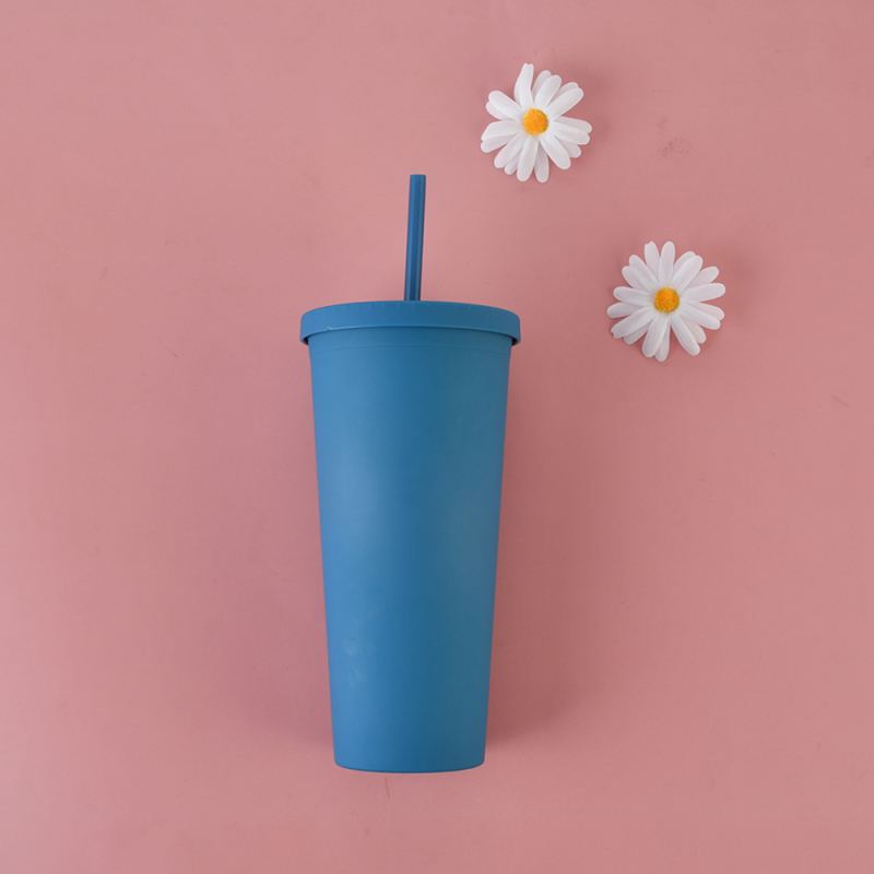 Customized Double-Layer Plastic Straw Cup in Stock Simple Large Capacity Water Tumbler Multi-Color Frosted Casual Cup for Coffee