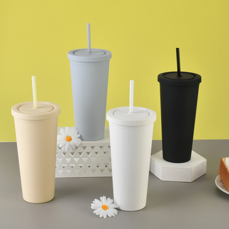 Customized Double-Layer Plastic Straw Cup in Stock Simple Large Capacity Water Tumbler Multi-Color Frosted Casual Cup for Coffee