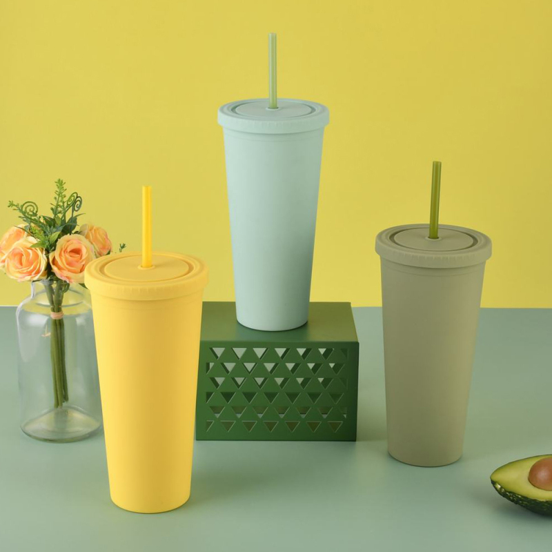 Customized Double-Layer Plastic Straw Cup in Stock Simple Large Capacity Water Tumbler Multi-Color Frosted Casual Cup for Coffee