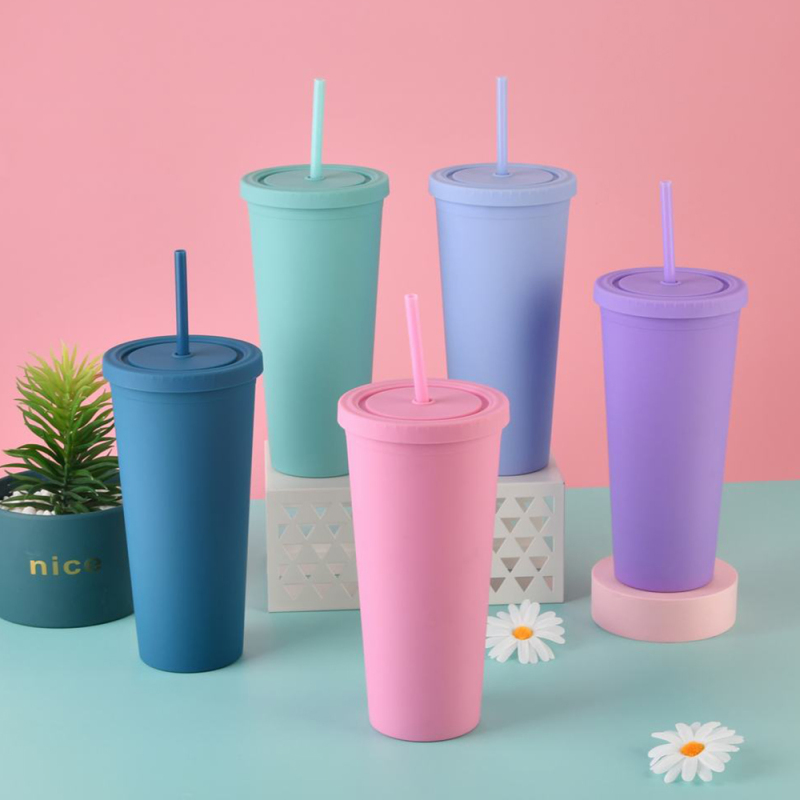 Customized Double-Layer Plastic Straw Cup in Stock Simple Large Capacity Water Tumbler Multi-Color Frosted Casual Cup for Coffee