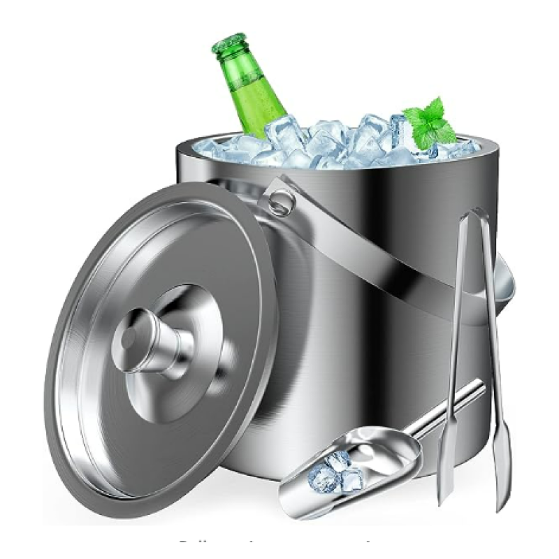 Ice Bucket 2L with Lid Scoop Tongs Double Wall Insulated Stainless Steel Ice Bucket Wine Bucket for Cocktail Bar and Parties