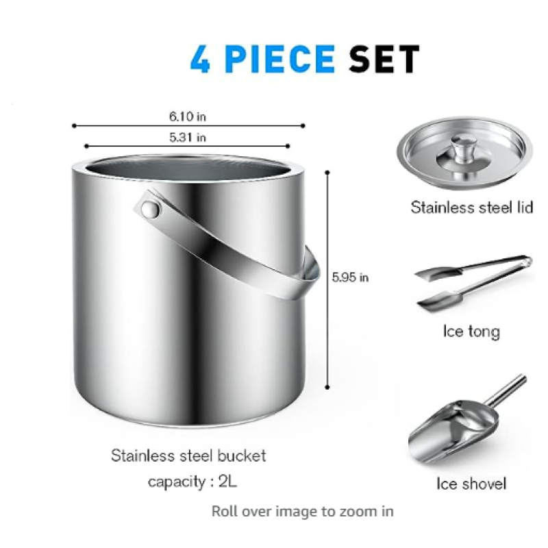 Ice Bucket 2L with Lid Scoop Tongs Double Wall Insulated Stainless Steel Ice Bucket Wine Bucket for Cocktail Bar and Parties