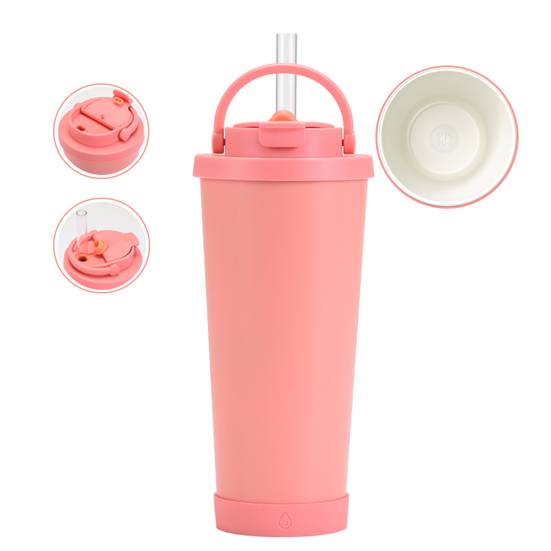 Portable Double-Layer Vacuum Insulated Straw Cup with Stainless Steel and Pearl Ceramic Inner Liner New Straw Cup with Handle